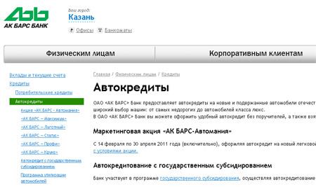 Банк АК Барс ставки по автокредитам